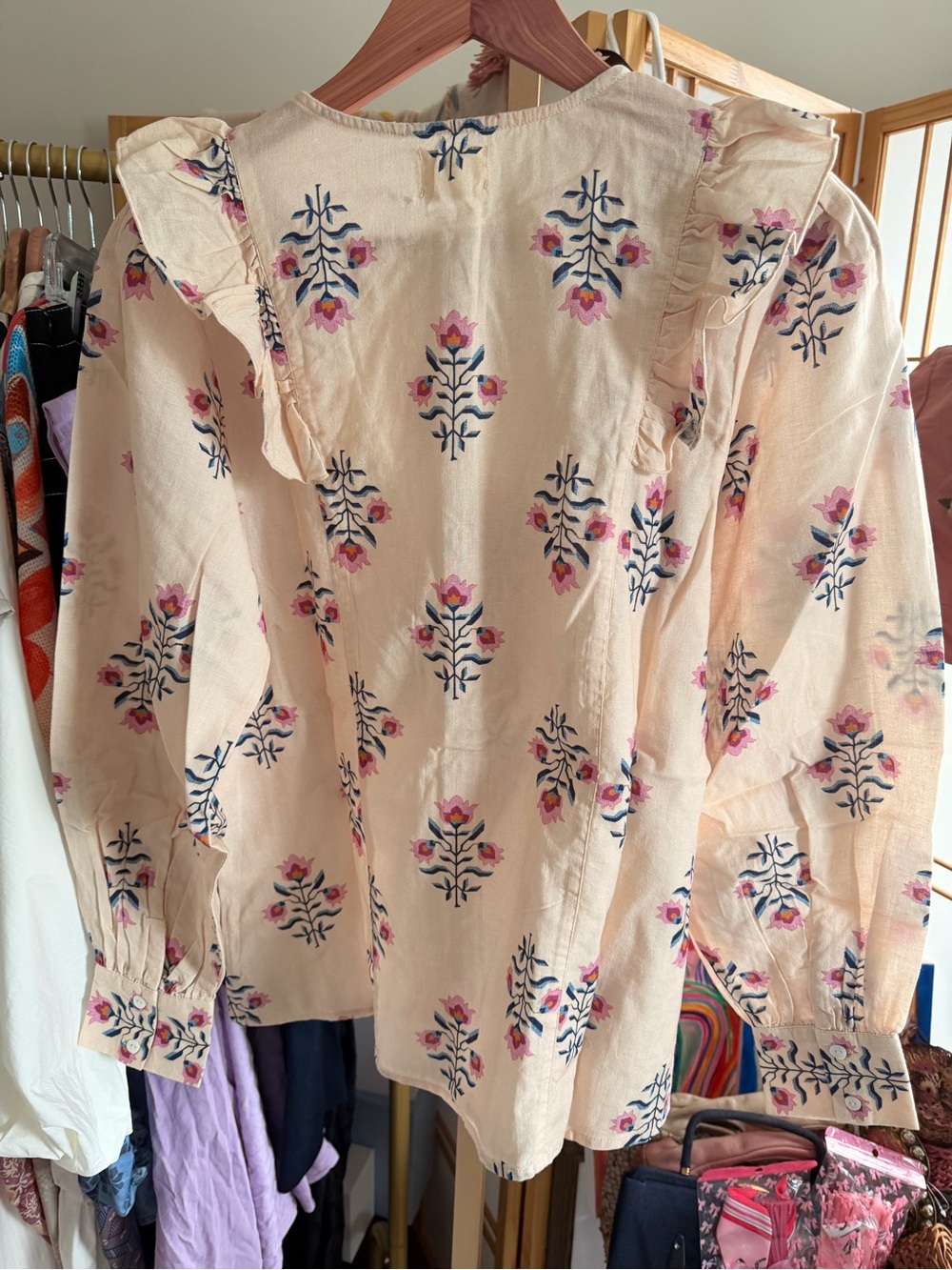 NWT Sonmer Sarah Blouse Sand Floral Print Ruffle Long Sleeve Cotton Blend - Picture 8 of 10